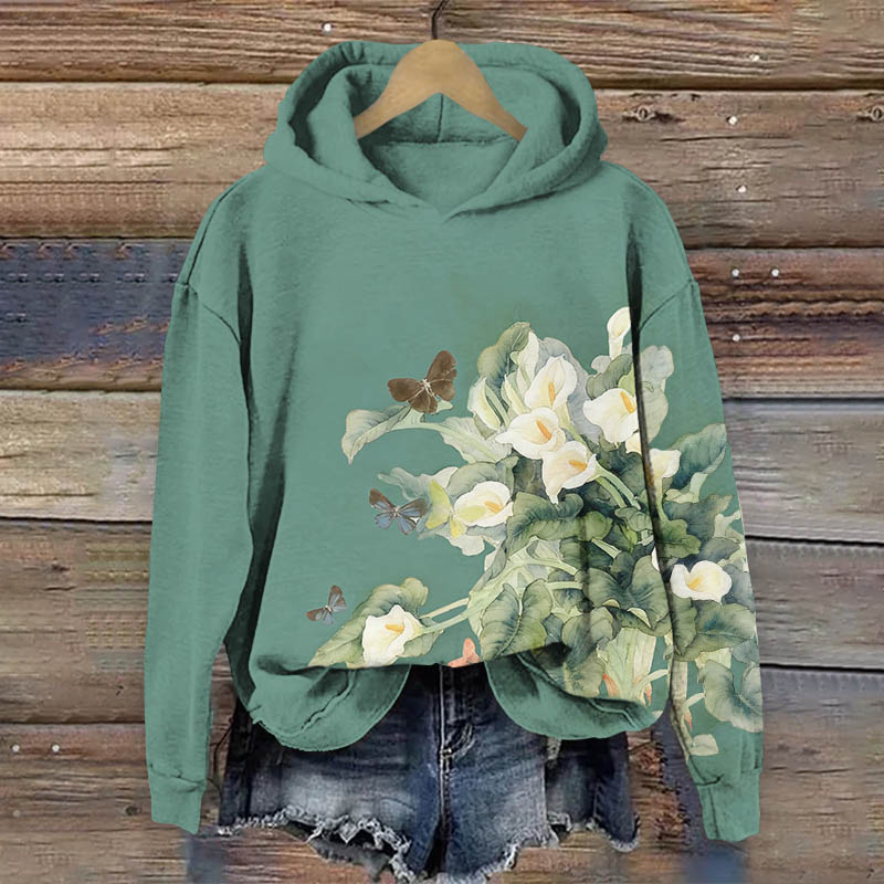 Oil Painting Lily & Butterfly Art Print Long Sleeve Hoodie - Green - US44-46(8XL) - image 2