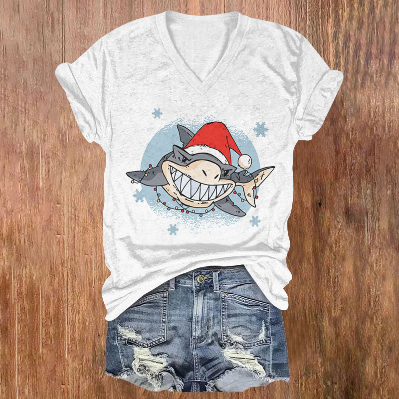 Shark Wearing Santa Hat Christmas Print V-neck T-shirt - White - US32-34(5XL) - image 4