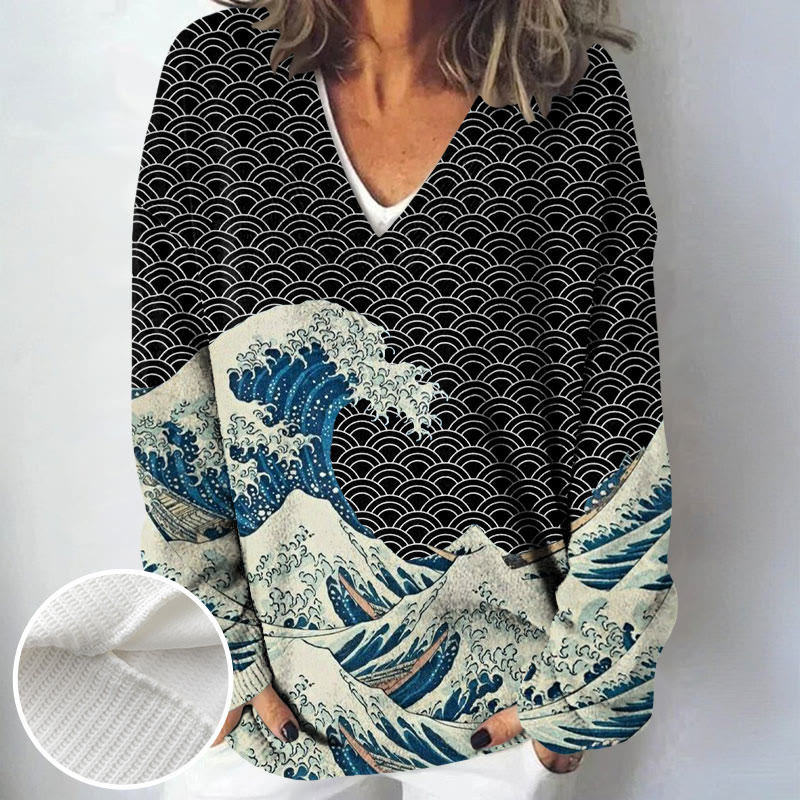 Women's The Great Wave Off Kanagawa Inspired Japanese Art Print Causal V-neck Pullover Sweater - Black - 4XL - image 2