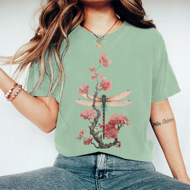 100% Cotton Retro Plum Blossom Dragonfly Japanese Art Print Casual T-shirt - Light Green - 2XL - image 6