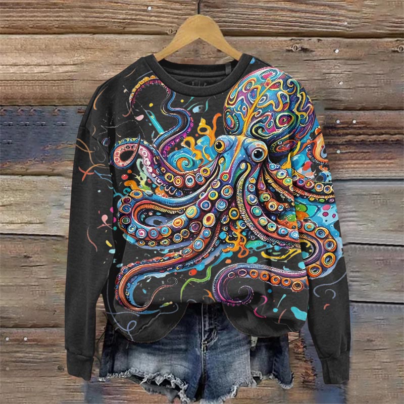Vintage Rainbow Octopus Art Print Sweatshirt - Black - 5XL - image 4