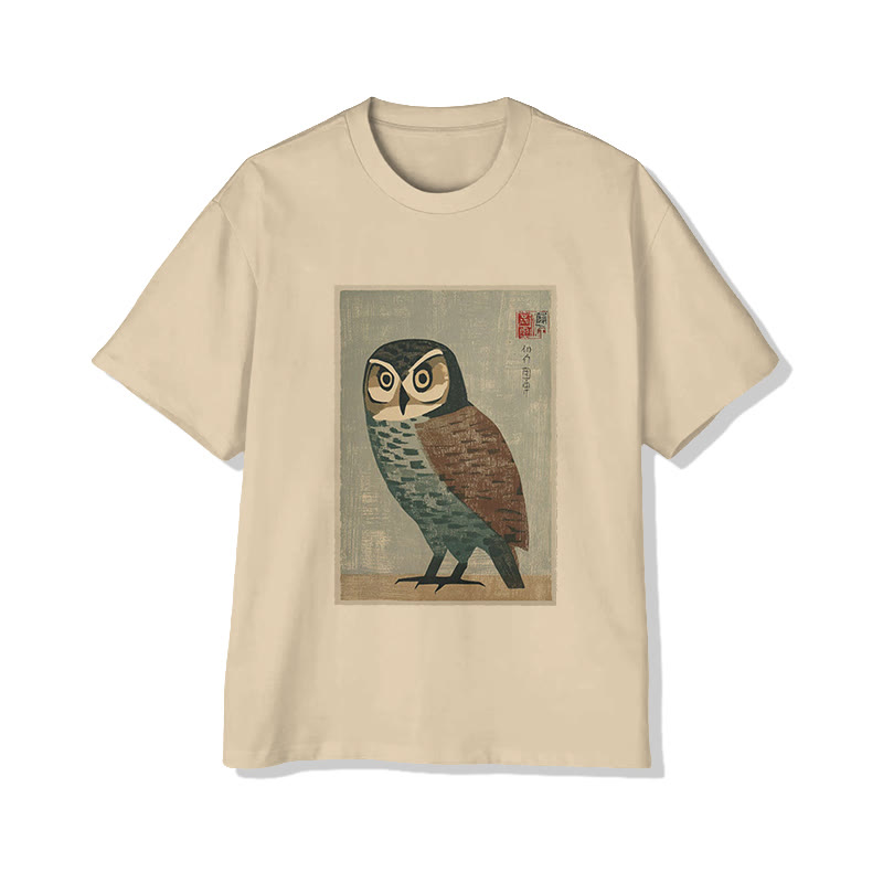 Retro Japanese Owl Art Print Short Sleeved Crew Neck T-shirt - Apricot - 2XL - image 3