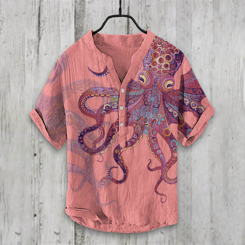 Unique Exquisite Octopus Pattern Art Print Shirt - Pink - 5XL - image 4