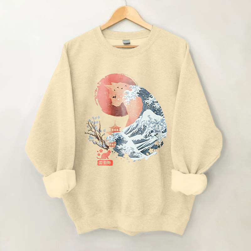 100% Cotton Japanese Style Wave Cat Print Crew Neck Sweatshirt - Apricot - 2XL - image 1
