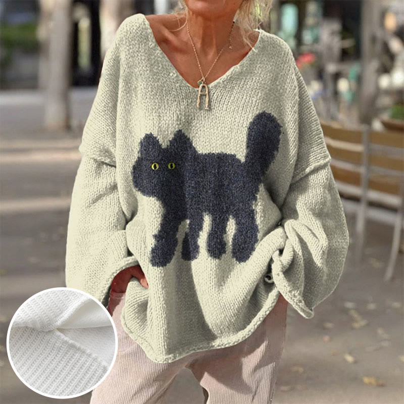 Women's Lovely Cat Art Print V-neck Pullover Sweater - image 2