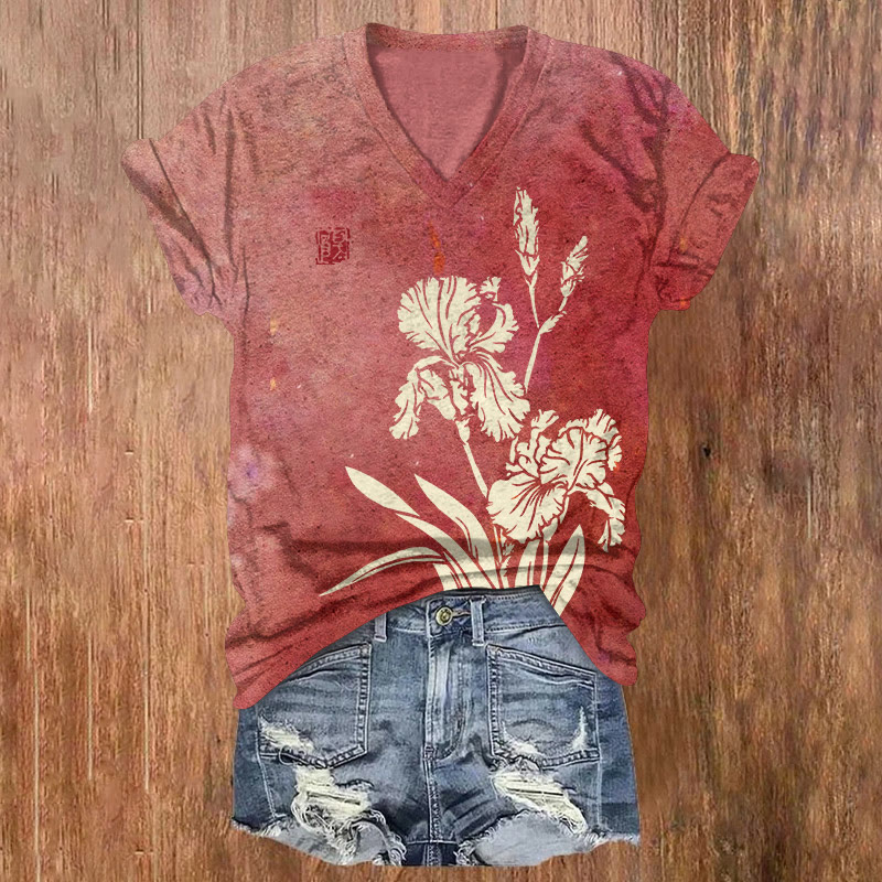 Japanese Ink-wash Gradient Irises Pattern Print Short Sleeved V-neck T-shirt - Red - US32-34(5XL) - image 4