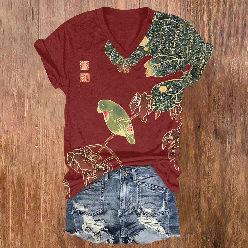 Japanese Vintage Parrot Pattern Print Short Sleeved V-neck T-shirt - Red - US32-34(5XL) - image 3
