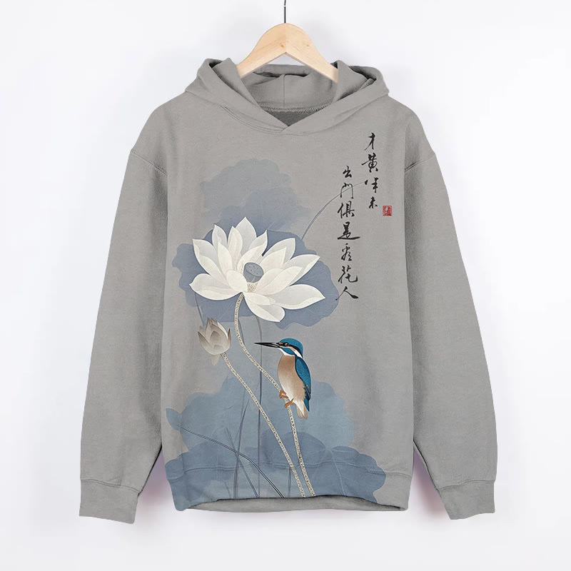 Vintage White Lotus Blossom & Bird Art Print Long Sleeve Hoodie - image 4
