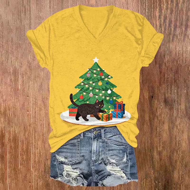 Christmas Tree Gifts & Black Cat Art Print V-neck T-shirt - Yellow - US32-34(5XL) - image 5