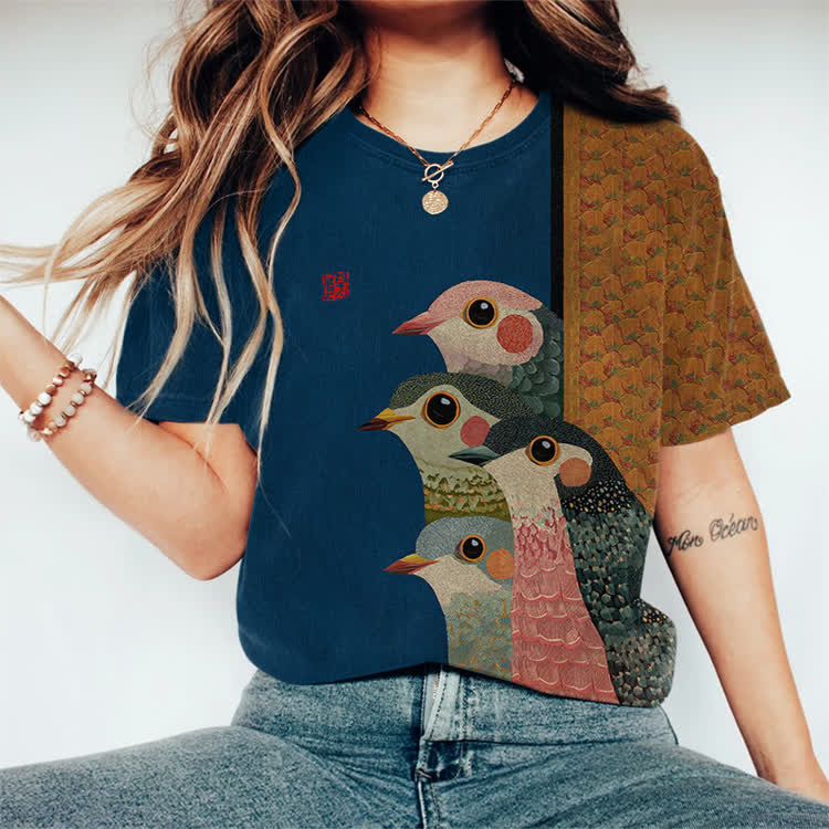  Japanese Retro Rainbow Birds Pattern Print Round Neck T-shirt - Dark Blue - 3XL - image 3