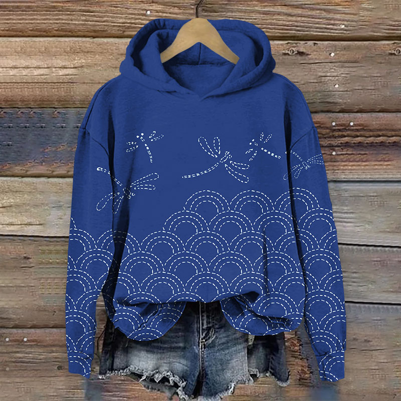 Abstract Ocean Waves And Dragonfly Print Casual Hoodie - Blue - 8XL - image 1