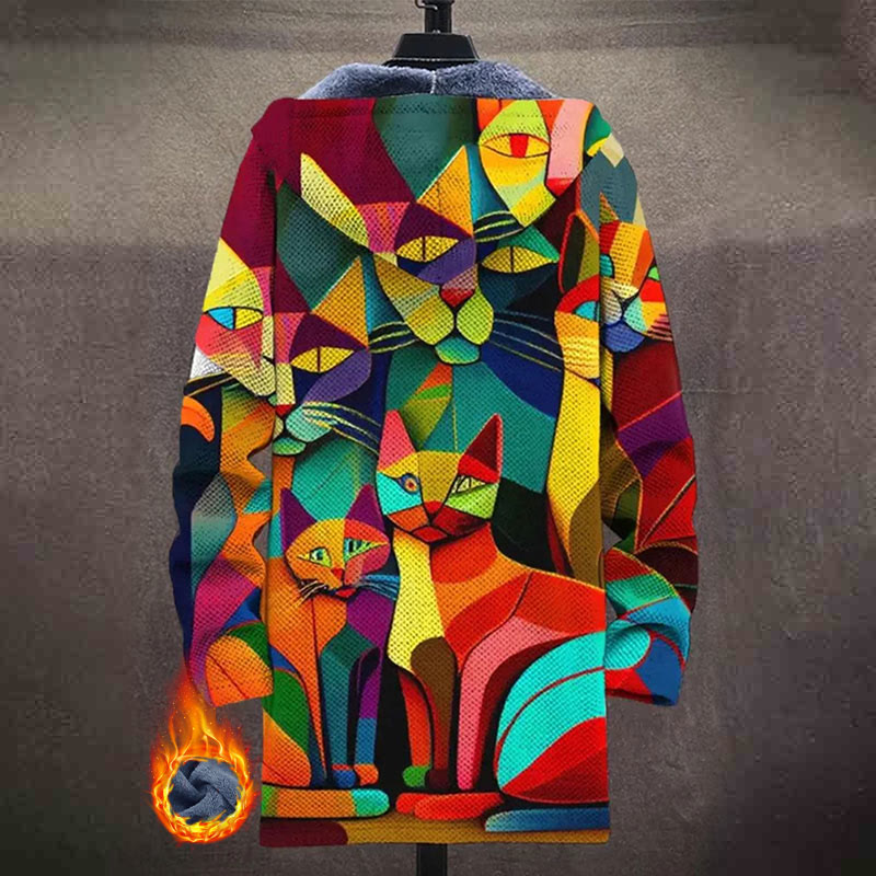 Colorful Color Block Art Cat Art Pattern Print Unisex Plush Thick Long-sleeved Fleece Jacket Coat - image 3