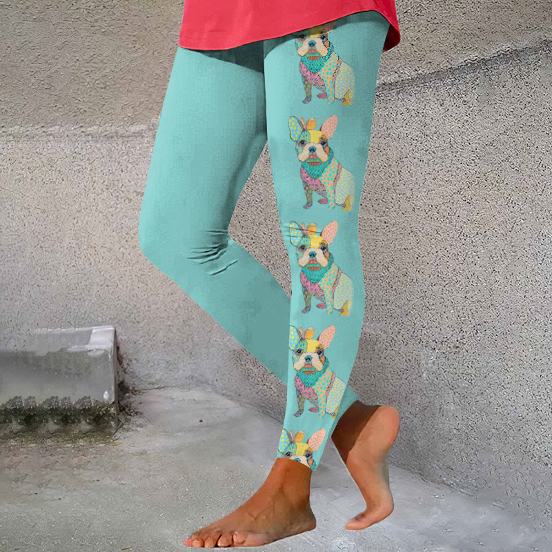 Patchwork Cute French Bulldog Print Casual Leggings - Blue - 5XL - image 1