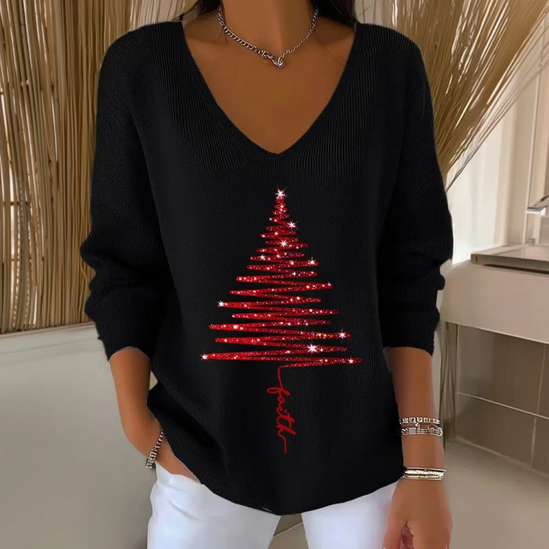 Women's Christmas Jesus Print V-Neck Long Sleeved Sweater - Black - 5XL - image 4