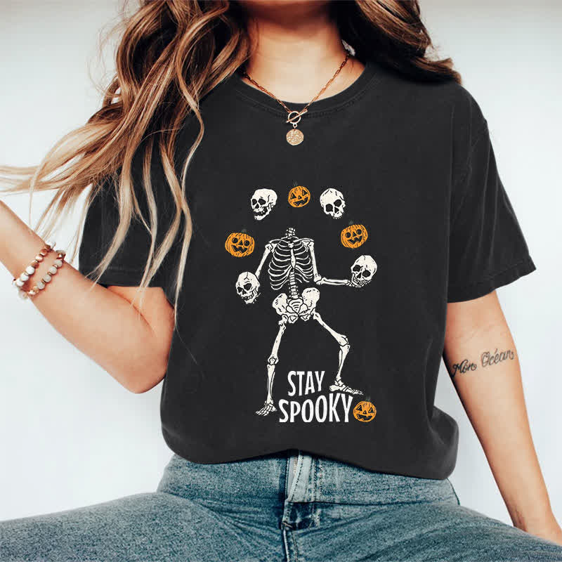 100% Cotton Women's Halloween Funny Stay Spooky Art Print Casual T-shirt - Black - 2XL - image 5