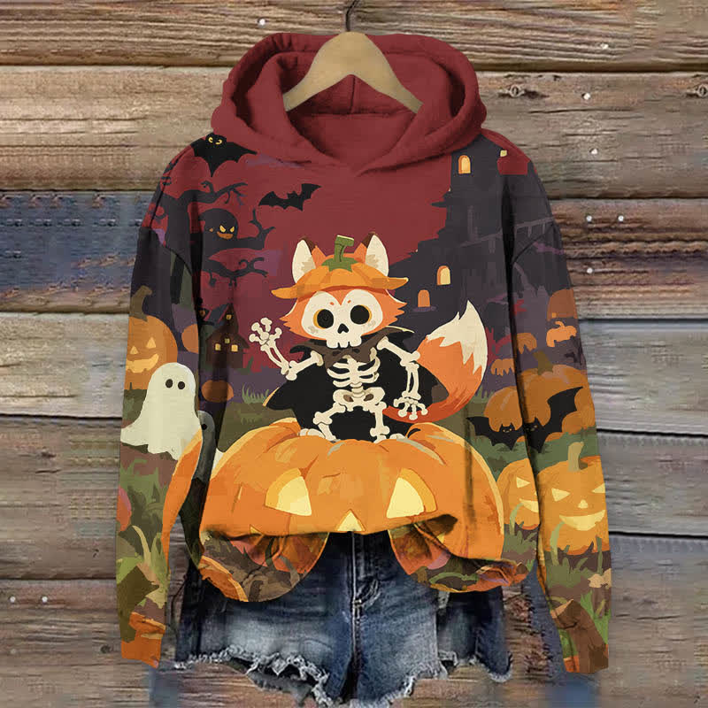 Halloween Bat & Skeleton Fox In A Pumpkin Print Long Sleeve Hoodie - Red - US44-46(8XL) - image 4