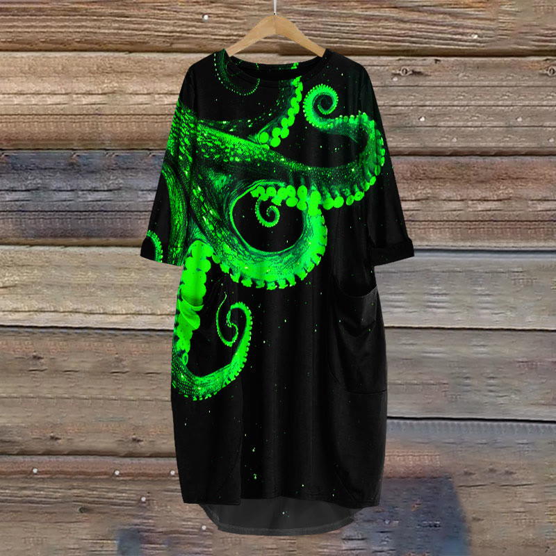 Three-dimensional Creative Octopus Print Crew Neck Dress - Green - 8XL - image 2