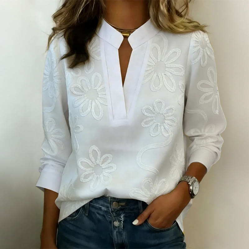 Elegant Floral Notch-collar Long-sleeve Blouse - White - 3XL - image 3