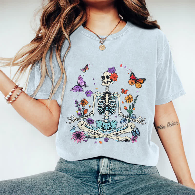 100% Cotton Women's Halloween Skeleton Man Surrounded By Flower & Butterfly Art Print Casual T-shirt - Light Blue - 2XL - image 13