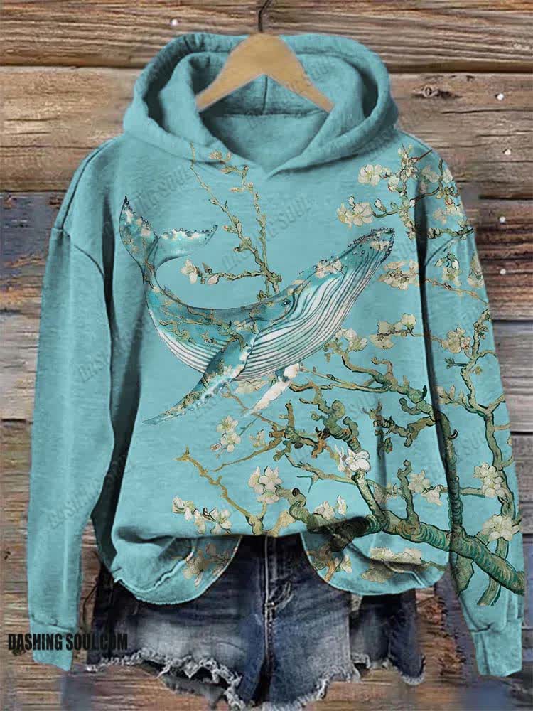Almond Blossom Inspired Whale Art Cozy Hoodie