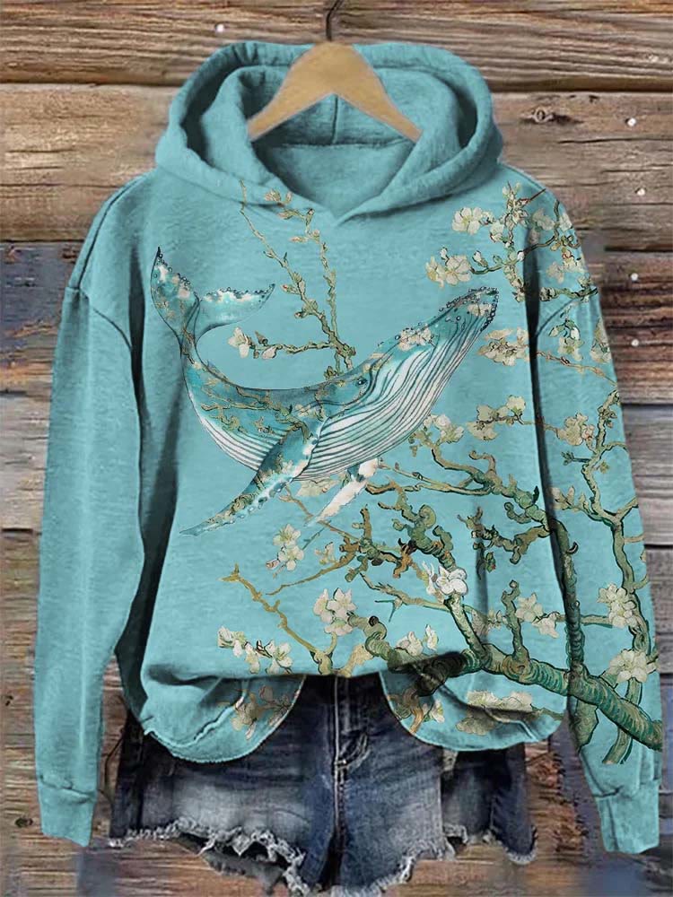 Almond Blossom Inspired Whale Art Cozy Hoodie - Green - 8XL - image 1
