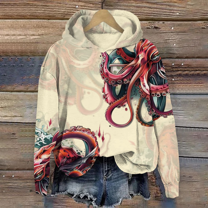 Retro  Octopus Art Print Long Sleeve Hoodie - Beige - US44-46(8XL) - image 4