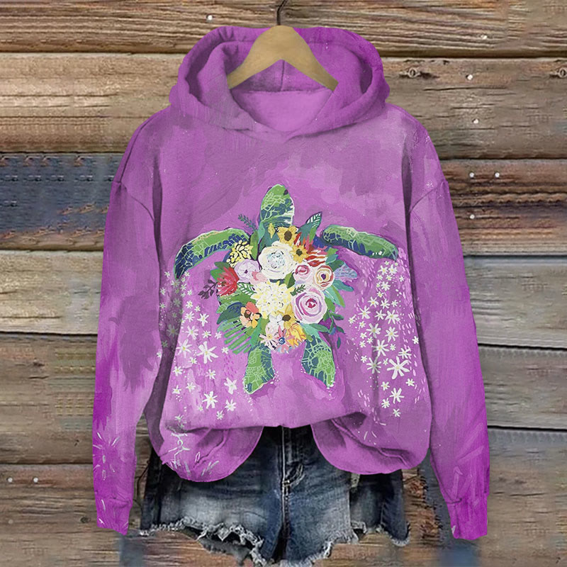 Ocean Turtle With Floral Print Long Sleeve Hoodie - Purple - US44-46(8XL) - image 4