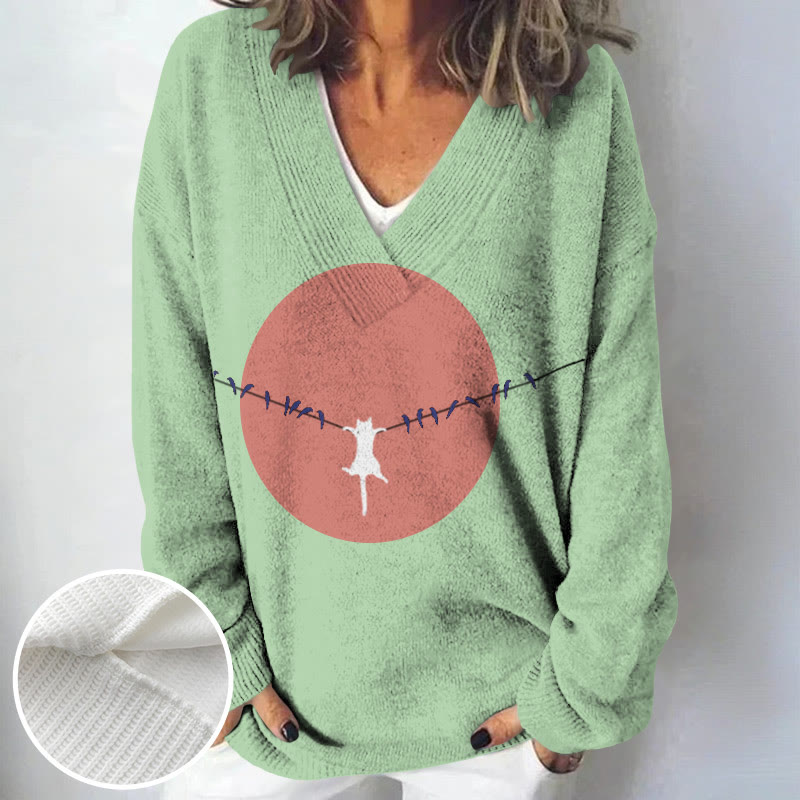 Women's Abstract Creative Dangling Cute Cat Print Causal V-neck Pullover Sweater - Green - 4XL - image 3