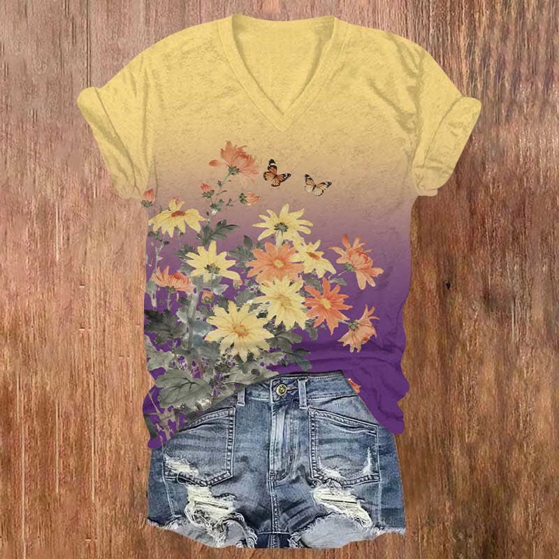 Butterflies And Flowers Art Print V-neck T-shirt - Purple - US32-34(5XL) - image 2
