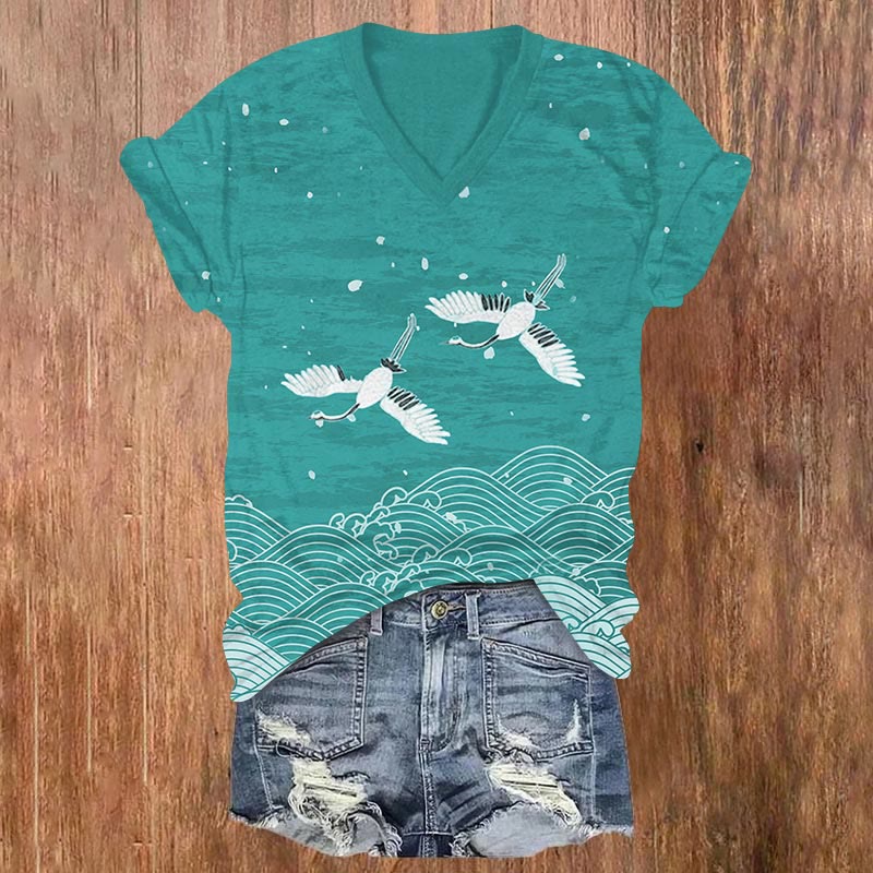 Japanese Art Waves Print  V-neck T-shirt - Green - US32-34(5XL) - image 3