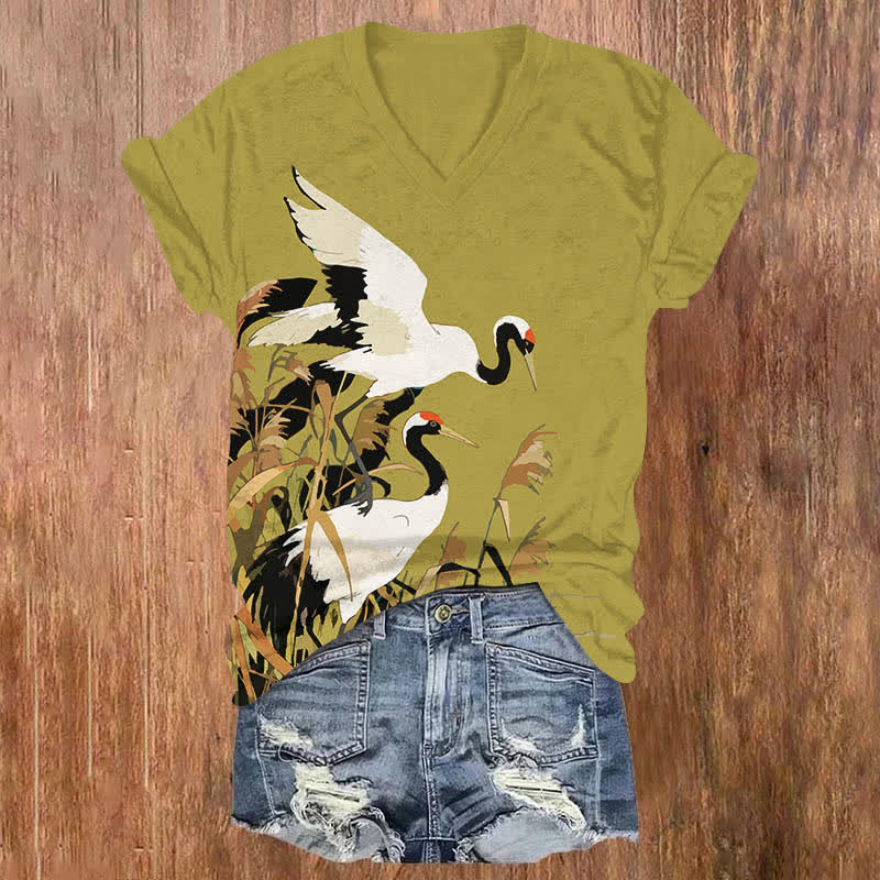 Japanese Oil Painting White Crane Art Print V-neck T-shirt - Green - US32-34(5XL) - image 6