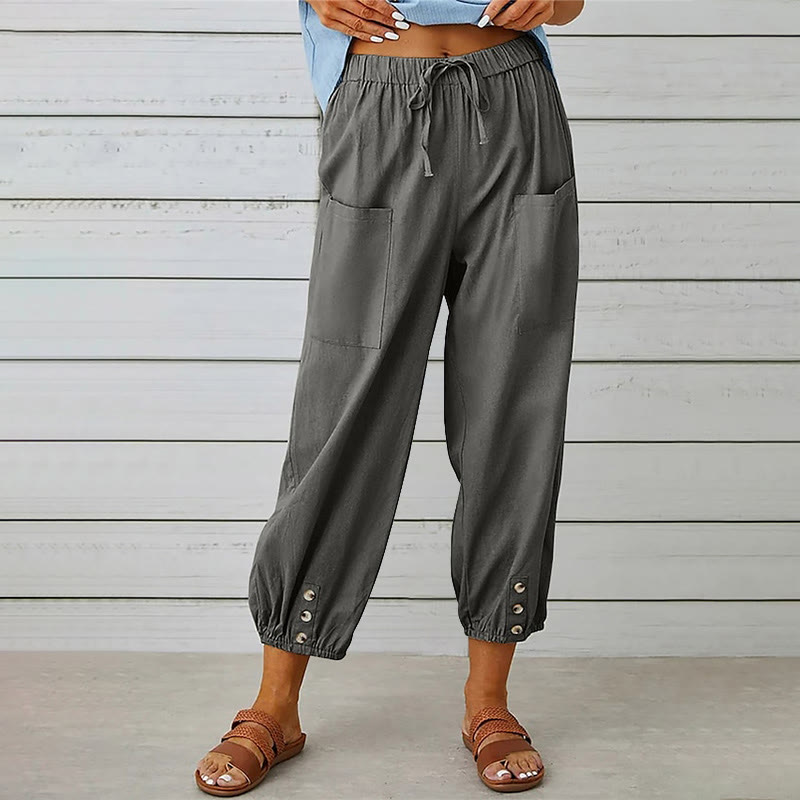 Women's Casual Loose Button Pocket Cropped Pants - Dark Grey - 4XL - image 3