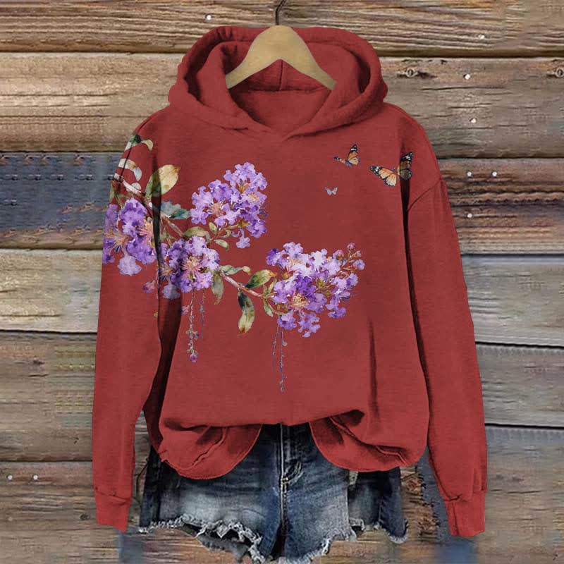 Vintage Crape Myrtle Flower Art Print Long Sleeve Hoodie - Red - US44-46(8XL) - image 3
