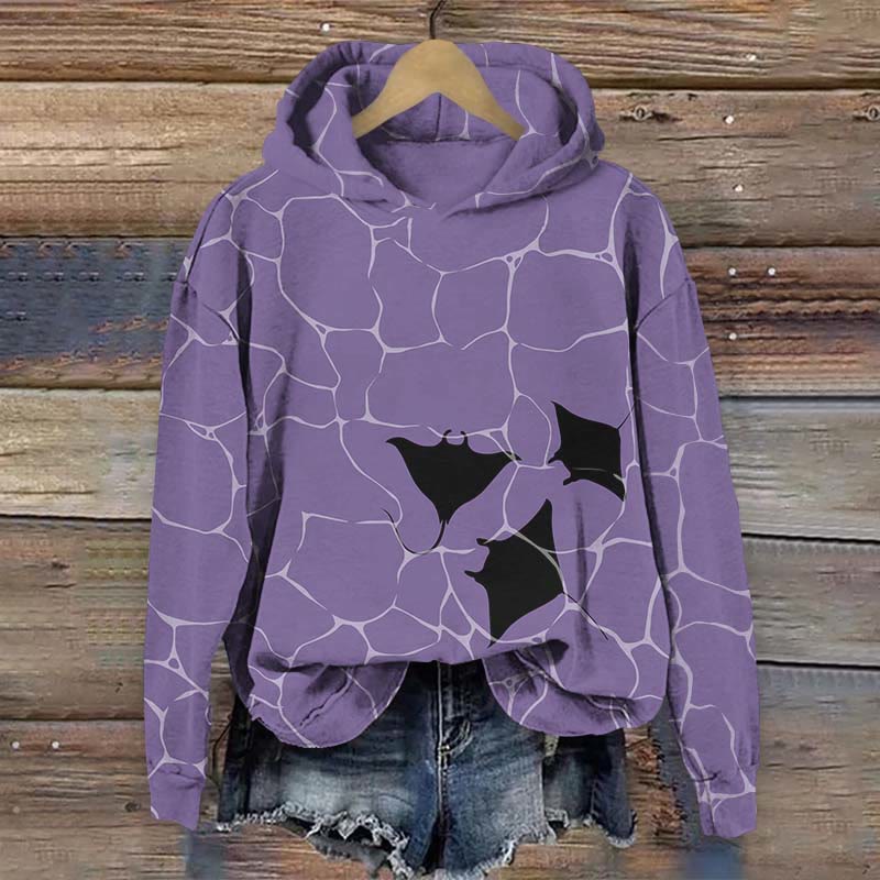 Ocean Stingray & Water Ripple Art Print Long Sleeve Hoodie - Purple - US44-46(8XL) - image 4