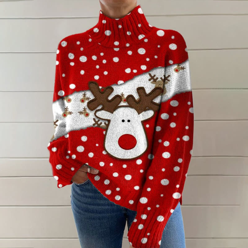 Christmas Red Polka Dot Cute Elk Print Turtleneck Pullover Sweater - image 2