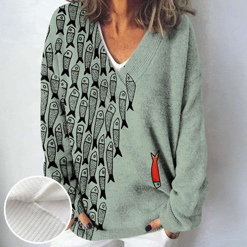 Cute Simple Lines Abstract Geometric Fish Art Print Causal V-neck Pullover Sweater - image 8