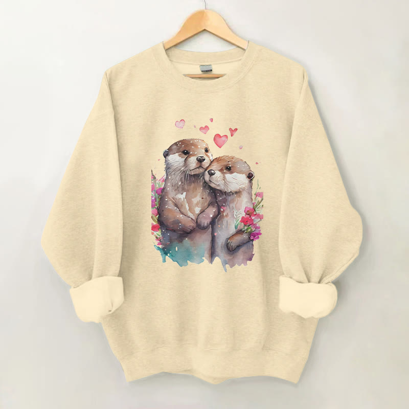 100% Cotton Valentine's Day Sea Otter Print Crew Neck Sweatshirt - Apricot - 2XL - image 5