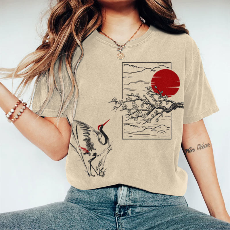 100% Cotton Women's Japanese Sun & Crane Art Print Casual T-shirt - Khaki - 2XL - image 2