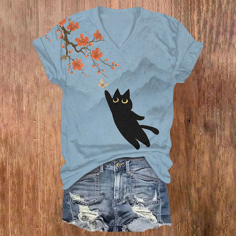 Japanese Funny Black Cat Catching Butterfly Art Print T-shirt - Blue - US32-34(5XL) - image 2
