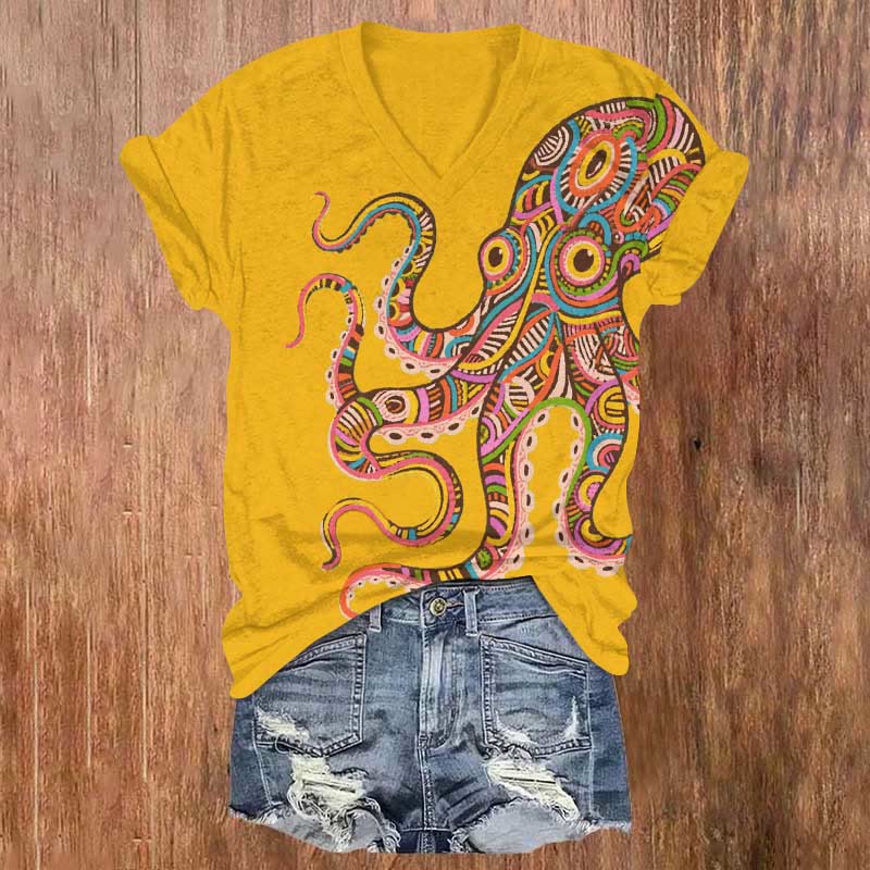 Rainbow Striped Octopus Art Print V-neck T-shirt - Yellow - US32-34(5XL) - image 8