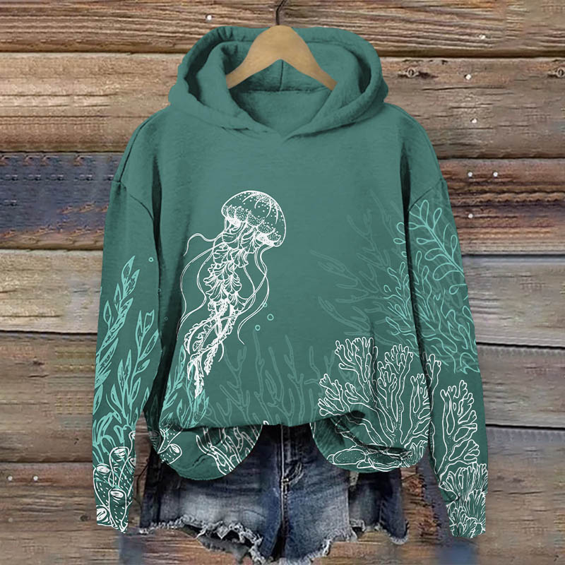 Retro Sea Weed & Transparent Jellyfish Art Print Long Sleeve Hoodie - Green - US44-46(8XL) - image 2