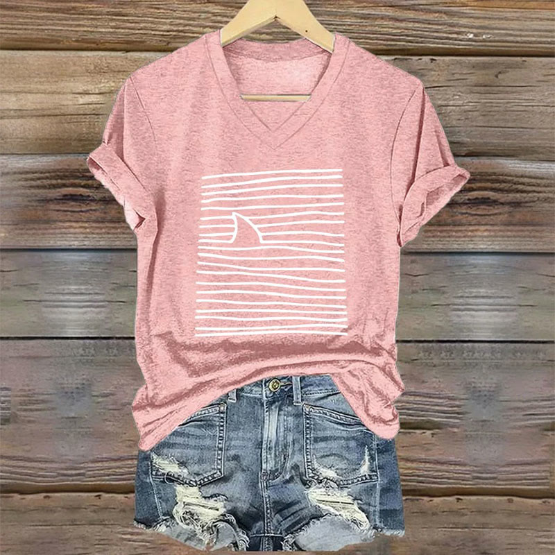 Women's Shark Art Print V-neck T-shirt