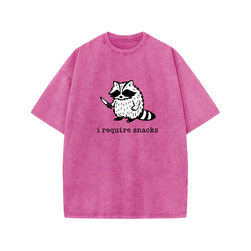  Funny Raccoon I Require Snacks print Acid Washed T-shirt - Pink - US20-22(3XL) - image 7