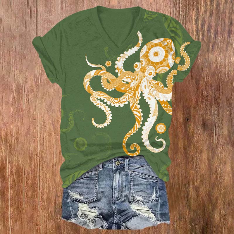 Funny Abstract Floral Pattern Octopus Print V-neck T-shirt - Green - US32-34(5XL) - image 3