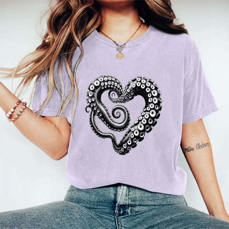 100% Cotton Valentine's Day Abstract Octopus Love Heart T-shirt - Purple - 2XL - image 9