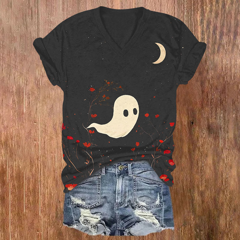 Halloween Ghoats Print V-neck T-shirt - Dark Grey - US32-34(5XL) - image 3