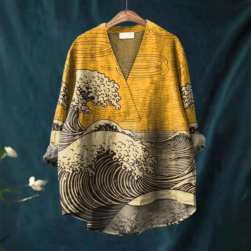 Women's Creative Wave Pattern Printed Casual V-neck Blouse - image 2