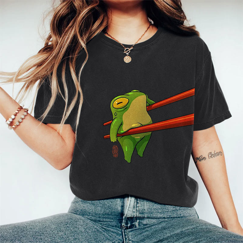 100% Cotton Funny Chopsticks Frog Art Print Casual T-shirt - Black - 2XL - image 2