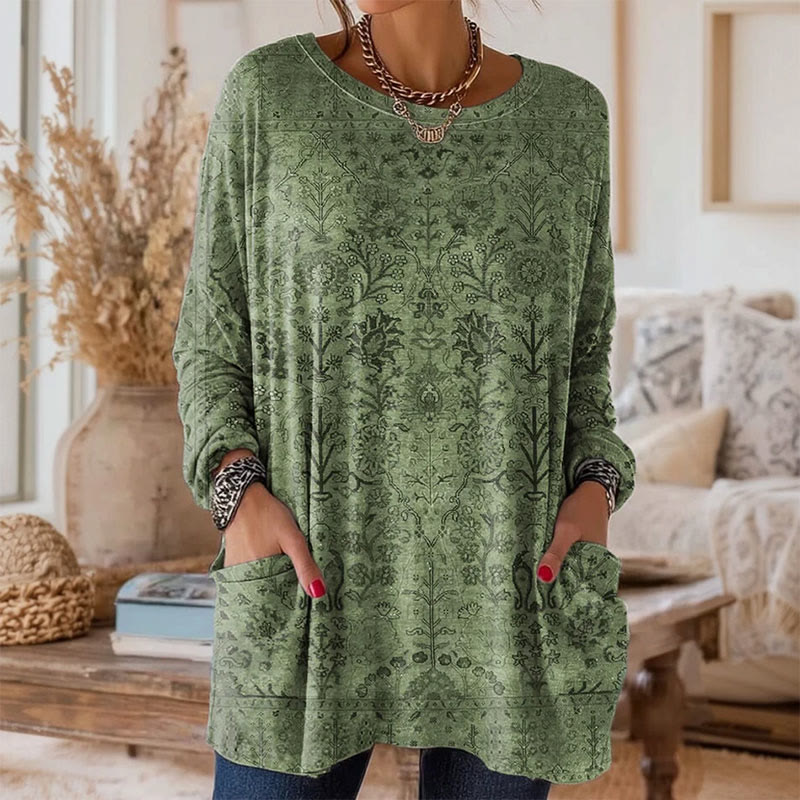 Retro Ethnic Style Art Print Crew Neck Long Sleeve T-Shirt - Green - 5XL - image 4