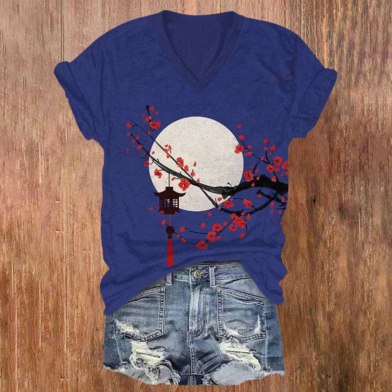 Japanese Sun & Lantern On Plum Blossom Art Print V-neck T-shirt - Blue - US32-34(5XL) - image 2
